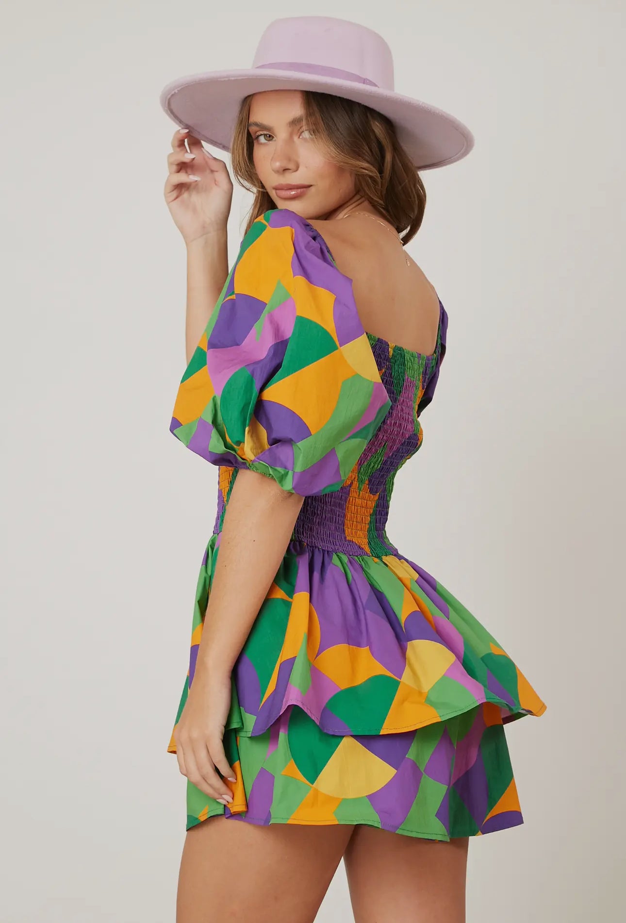 Mardi Gras Geo Print Smocked Romper
