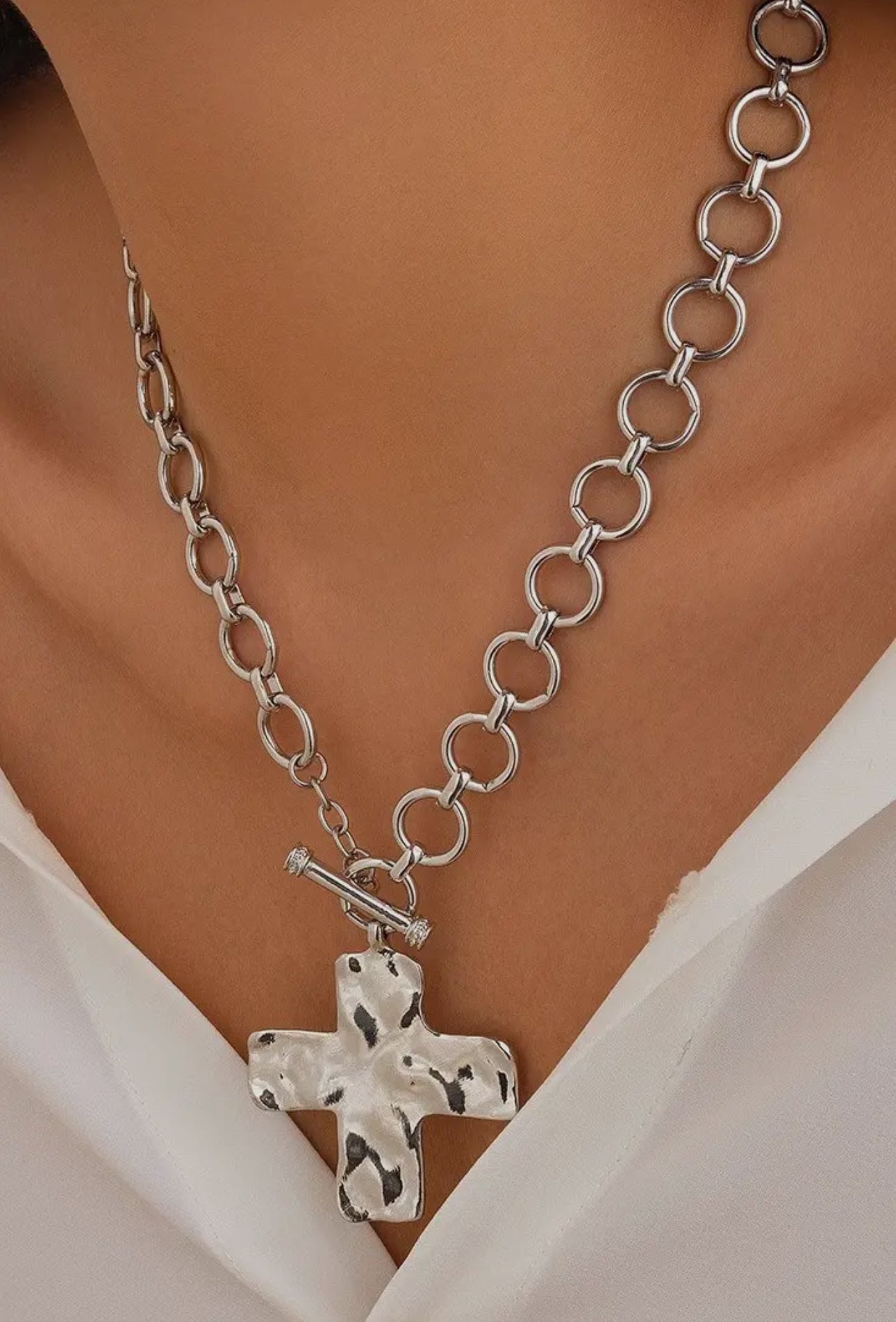 Hammered Cross Front Toggle Necklace