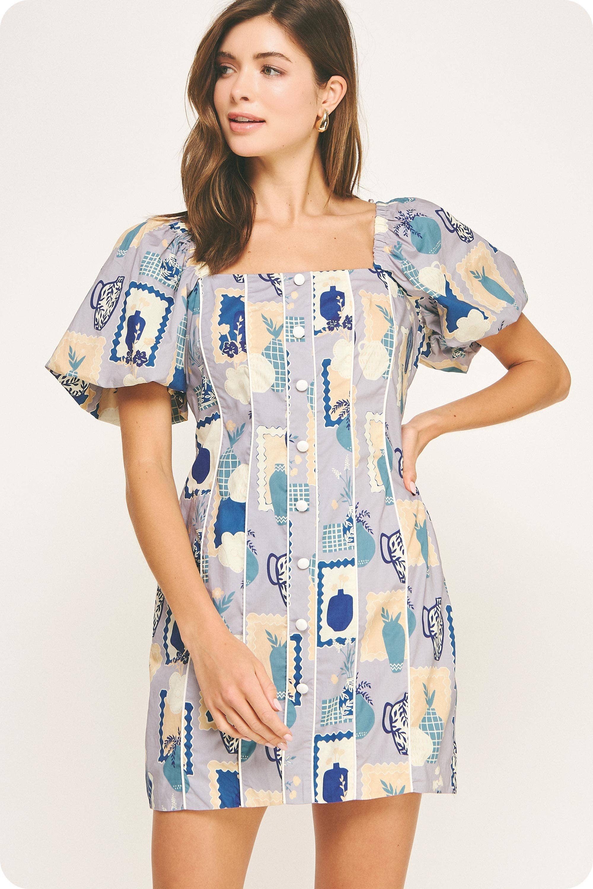 Piping Contrast Vase Print Mini Dress. Rush