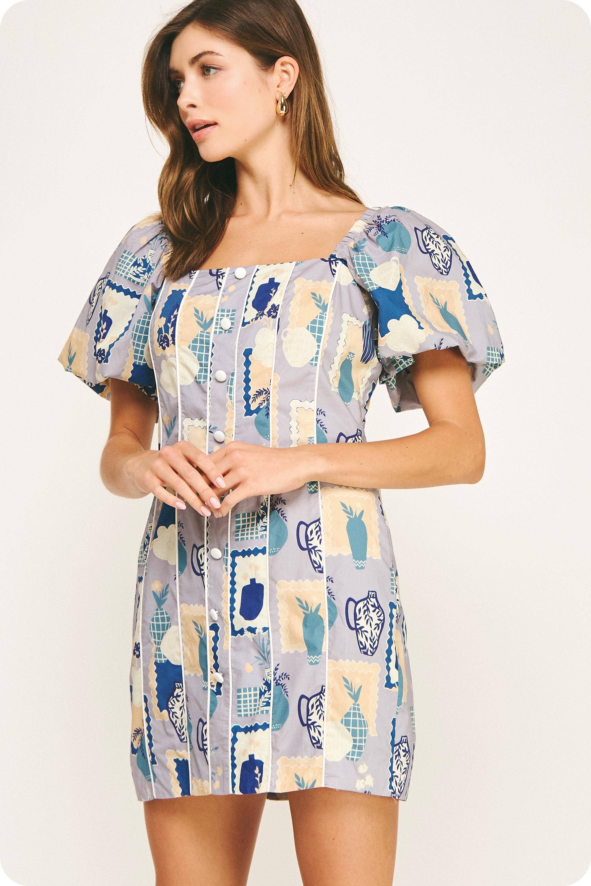 Piping Contrast Vase Print Mini Dress. Rush
