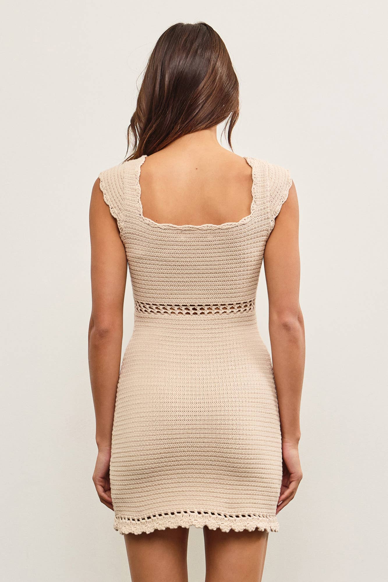 RUCHED CROCHET SWEATER DRESS: ECRU