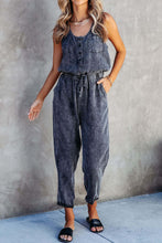 Load image into Gallery viewer, Pocketed Half Button Sleeveless Denim Jumpsuit