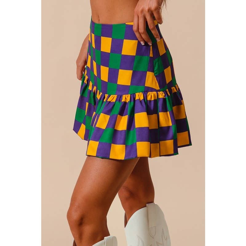 MARDI GRAS COLOR CHECKER MINI BALLOON SKIRT: PURPLE/MUSTARD/GREEN