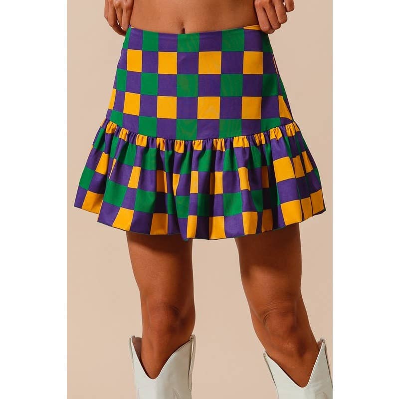 MARDI GRAS COLOR CHECKER MINI BALLOON SKIRT: PURPLE/MUSTARD/GREEN