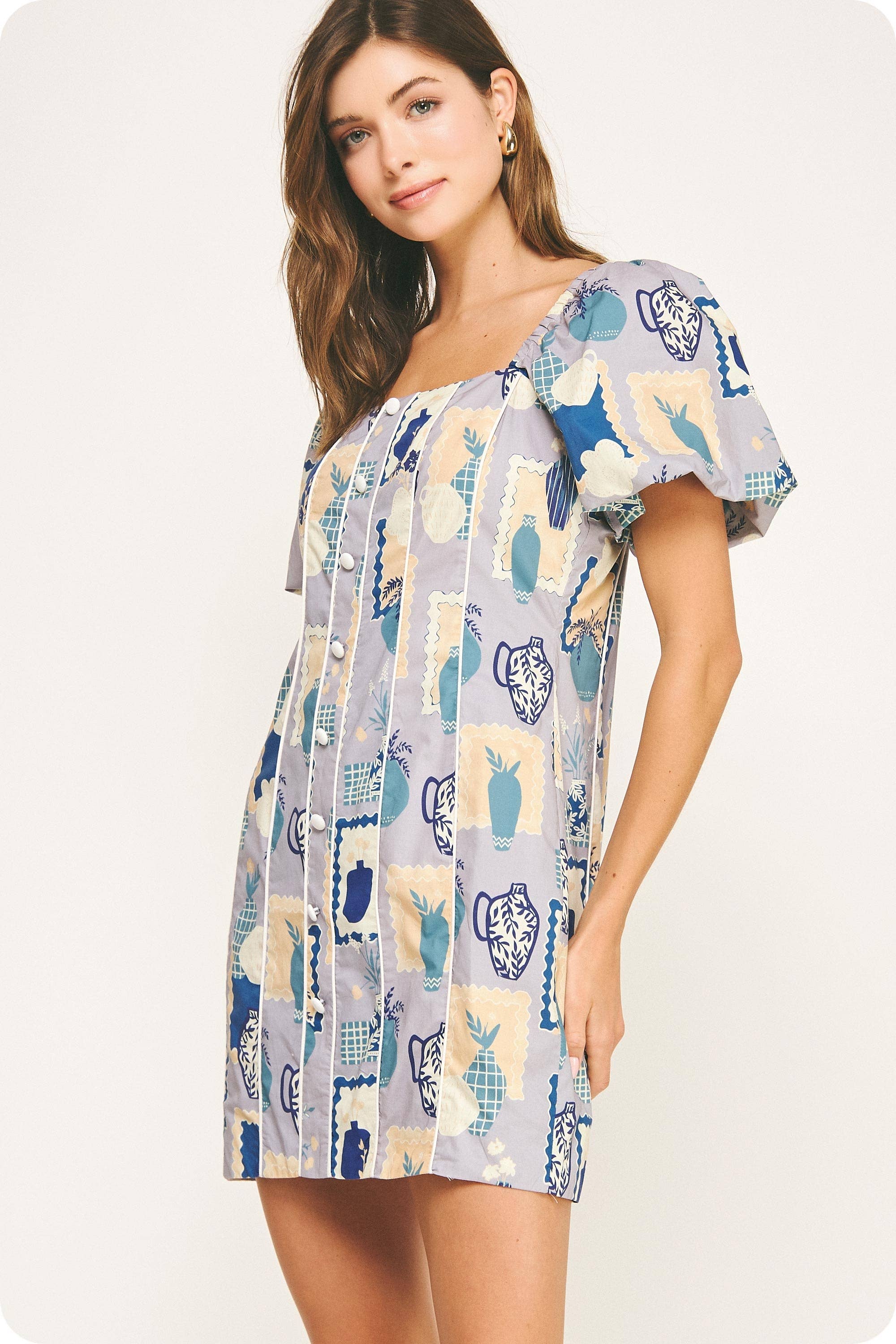 Piping Contrast Vase Print Mini Dress. Rush