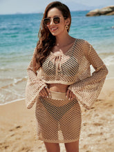 Load image into Gallery viewer, Openwork Tie Neck Top and Skirt Swimsuit Cover-Up Set