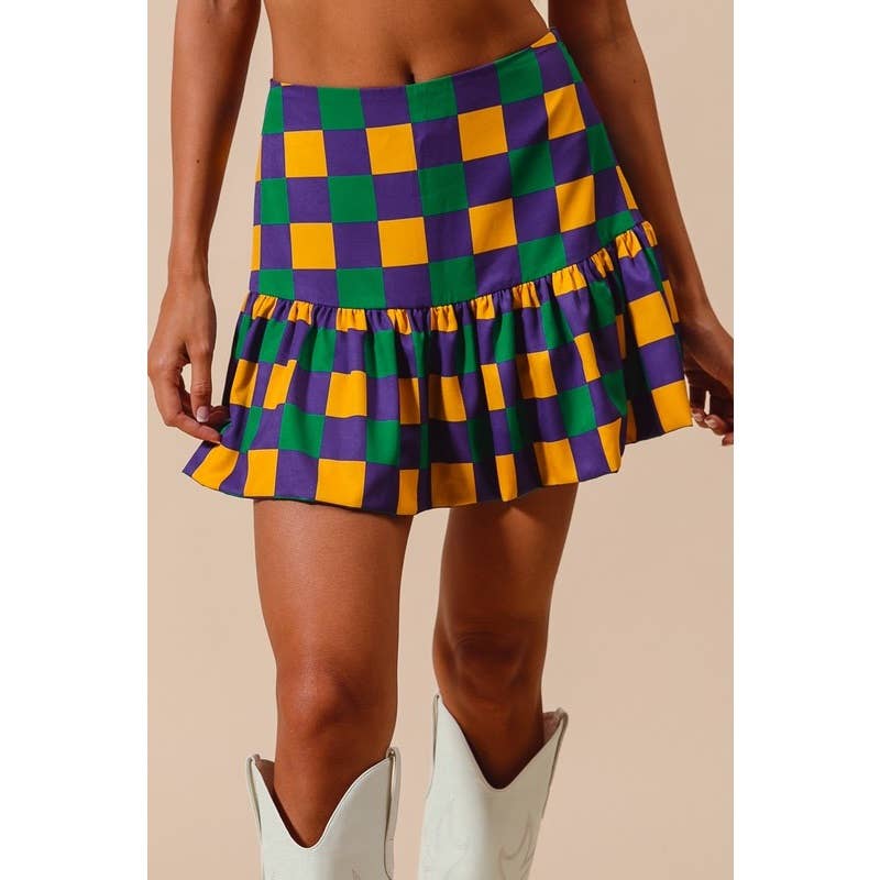 MARDI GRAS COLOR CHECKER MINI BALLOON SKIRT: PURPLE/MUSTARD/GREEN