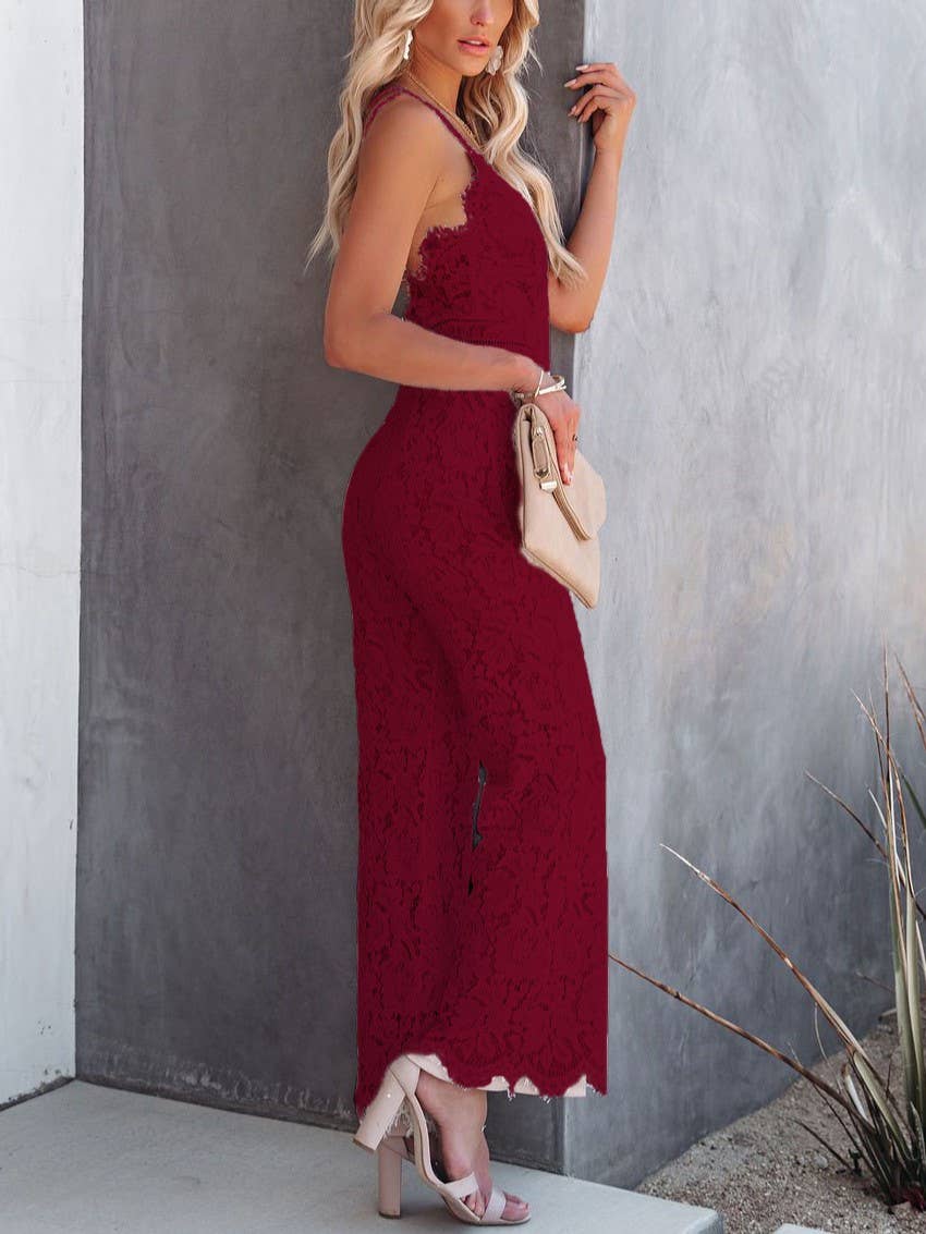 Lace Mid-Rise Casual Smooth Lined Jumpsuit: White / M