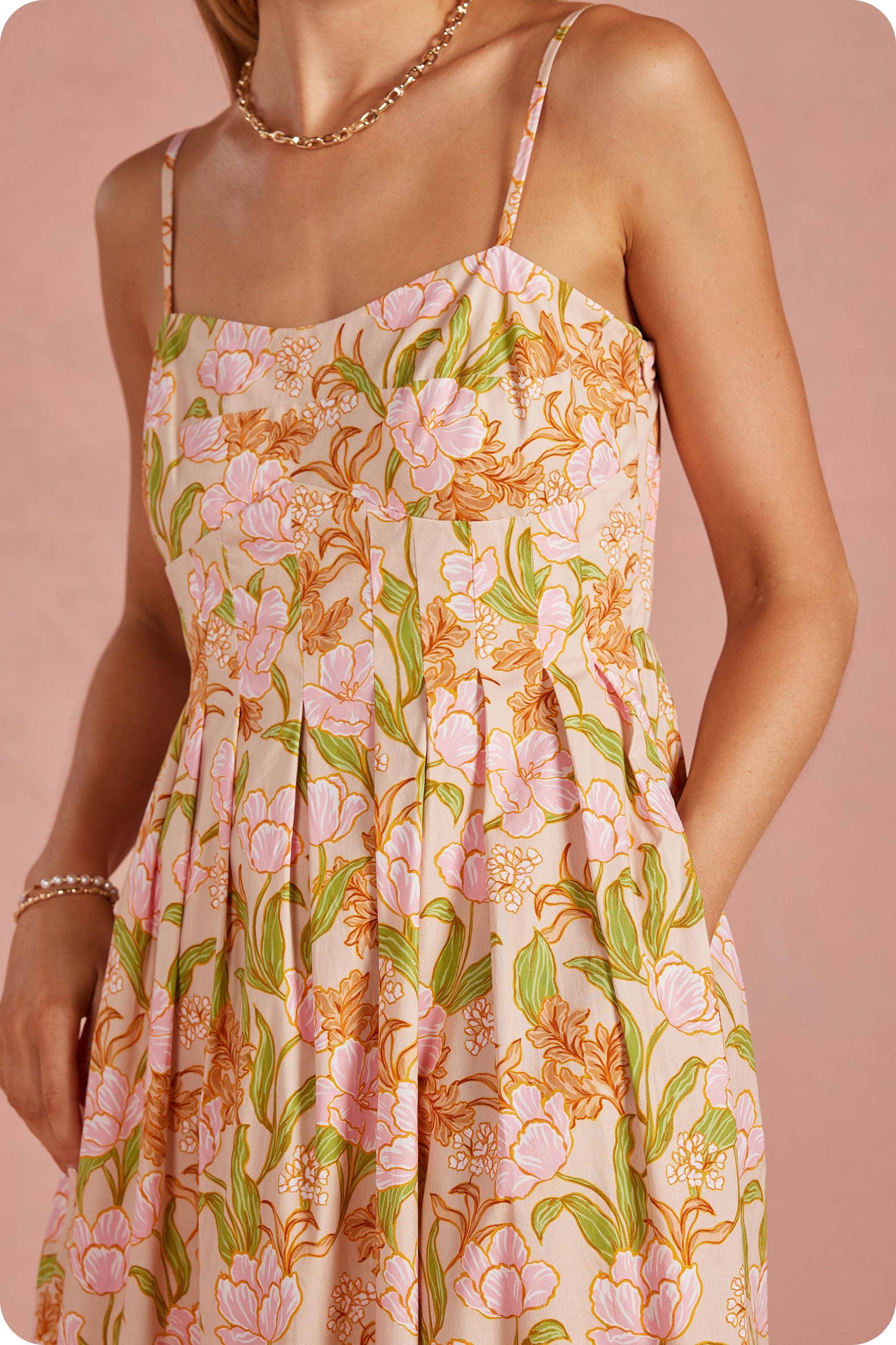 Bloom Meadow Sleeveless Pleat Midi Dress