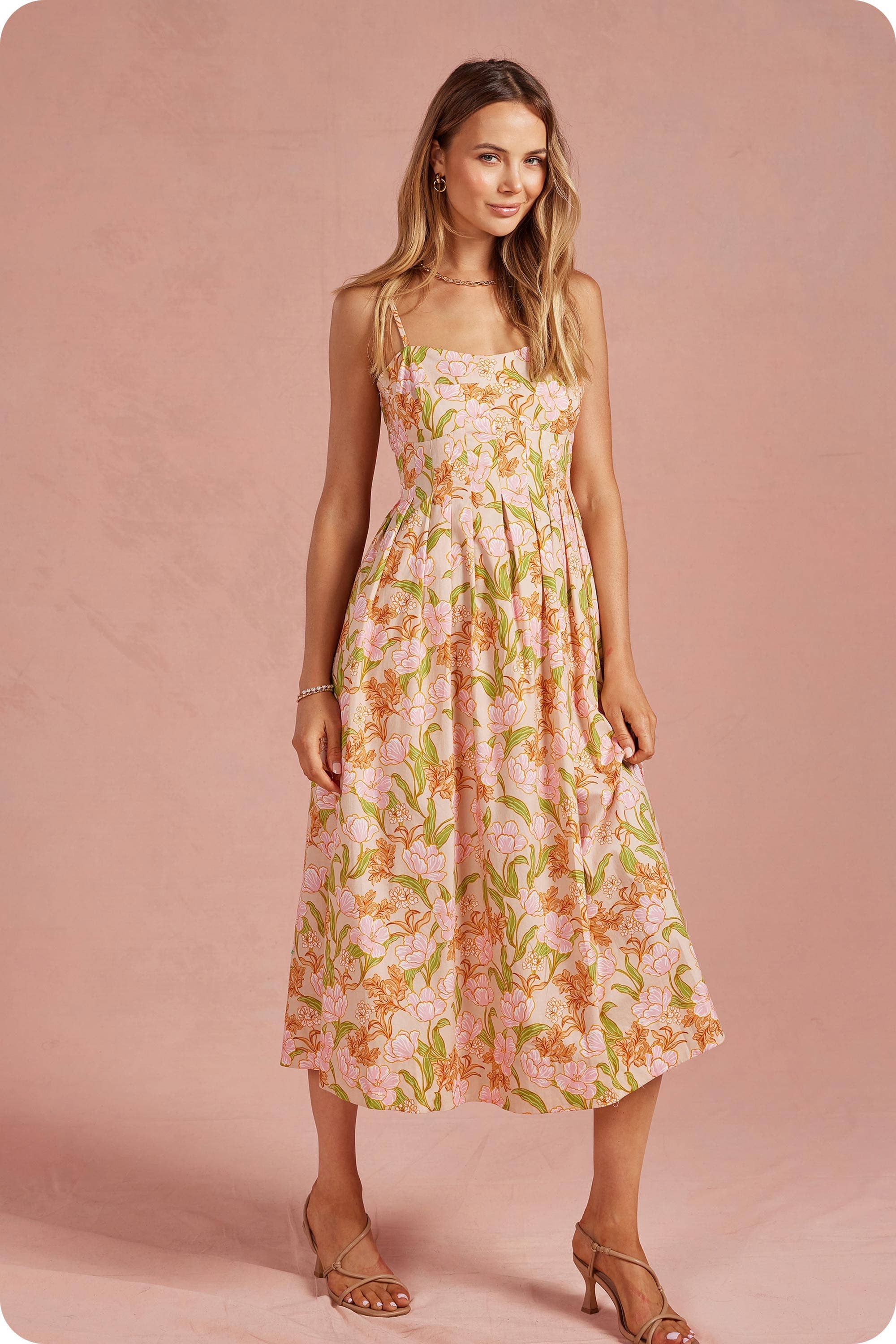 Bloom Meadow Sleeveless Pleat Midi Dress