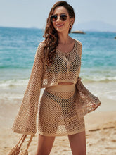 Load image into Gallery viewer, Openwork Tie Neck Top and Skirt Swimsuit Cover-Up Set