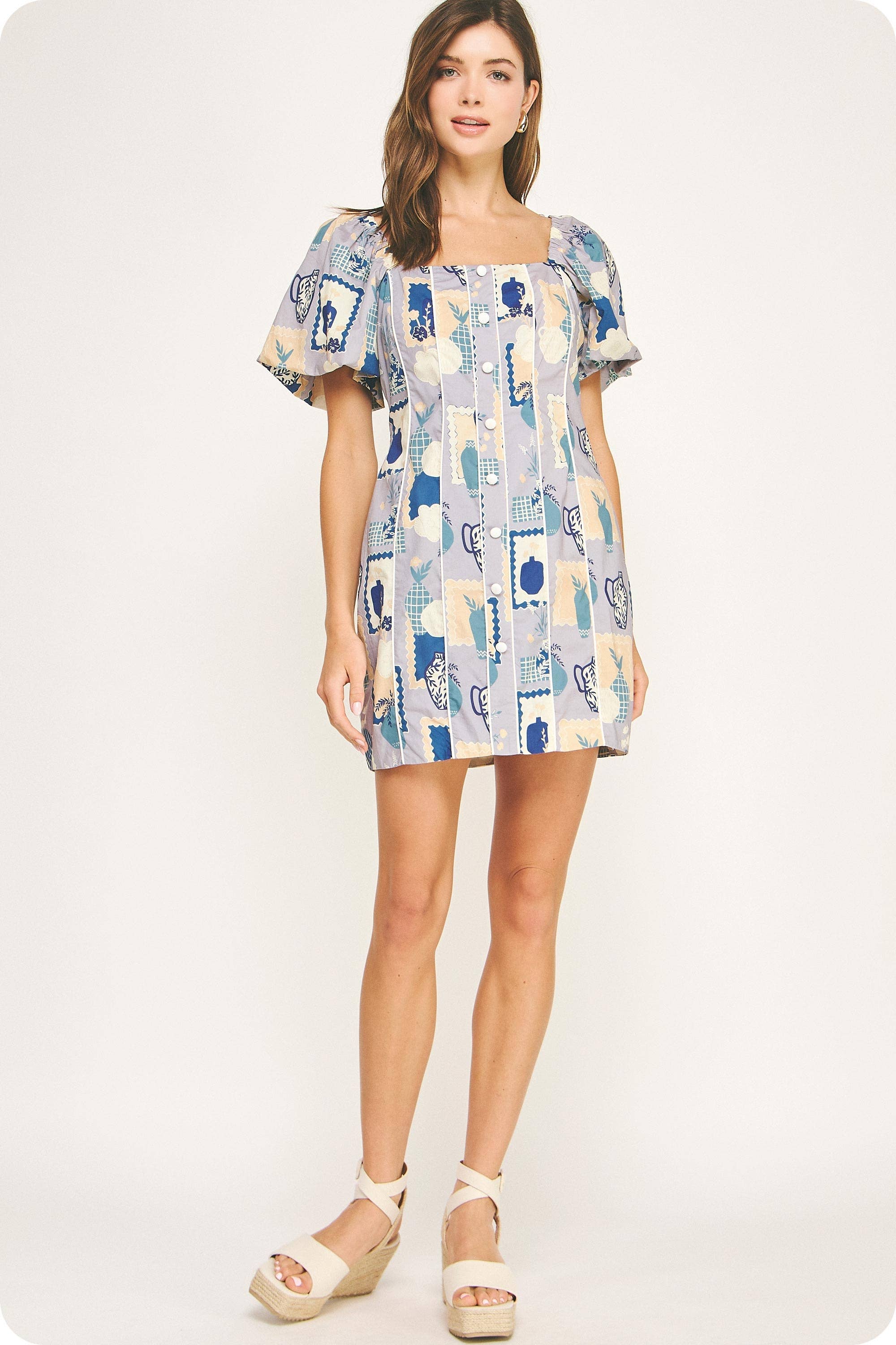 Piping Contrast Vase Print Mini Dress. Rush