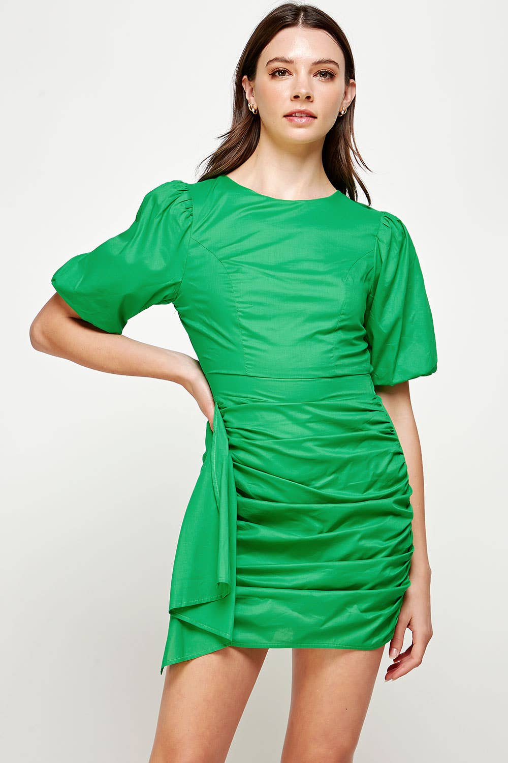 Ruched Short Puff Sleeve Voile Mini Dress. Rush
