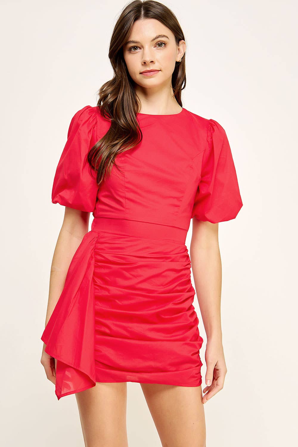 Ruched Short Puff Sleeve Voile Mini Dress. Rush