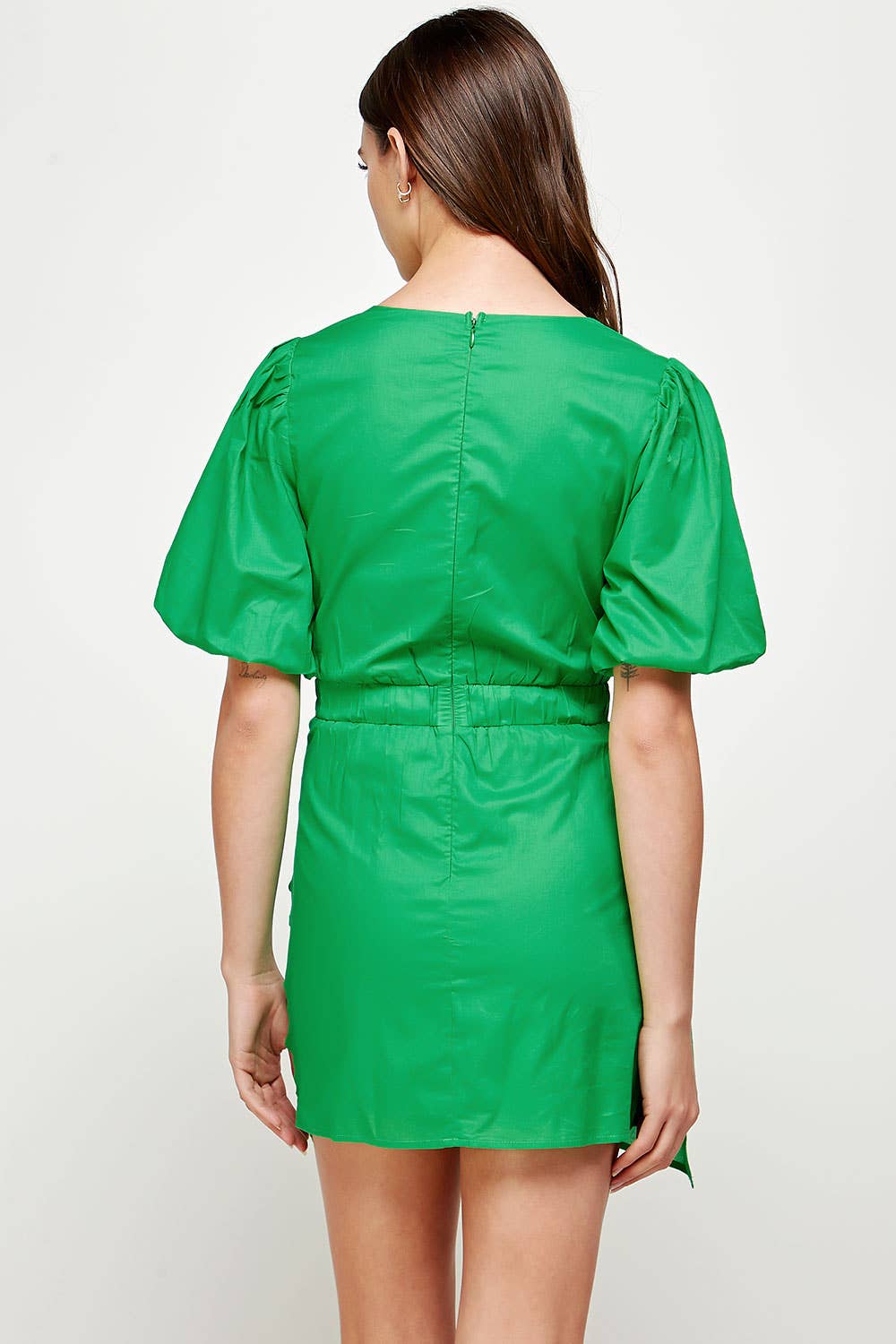 Ruched Short Puff Sleeve Voile Mini Dress. Rush