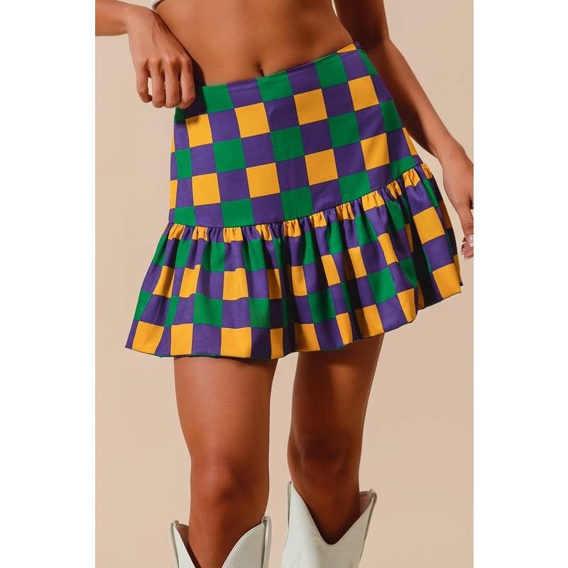 MARDI GRAS COLOR CHECKER MINI BALLOON SKIRT: PURPLE/MUSTARD/GREEN