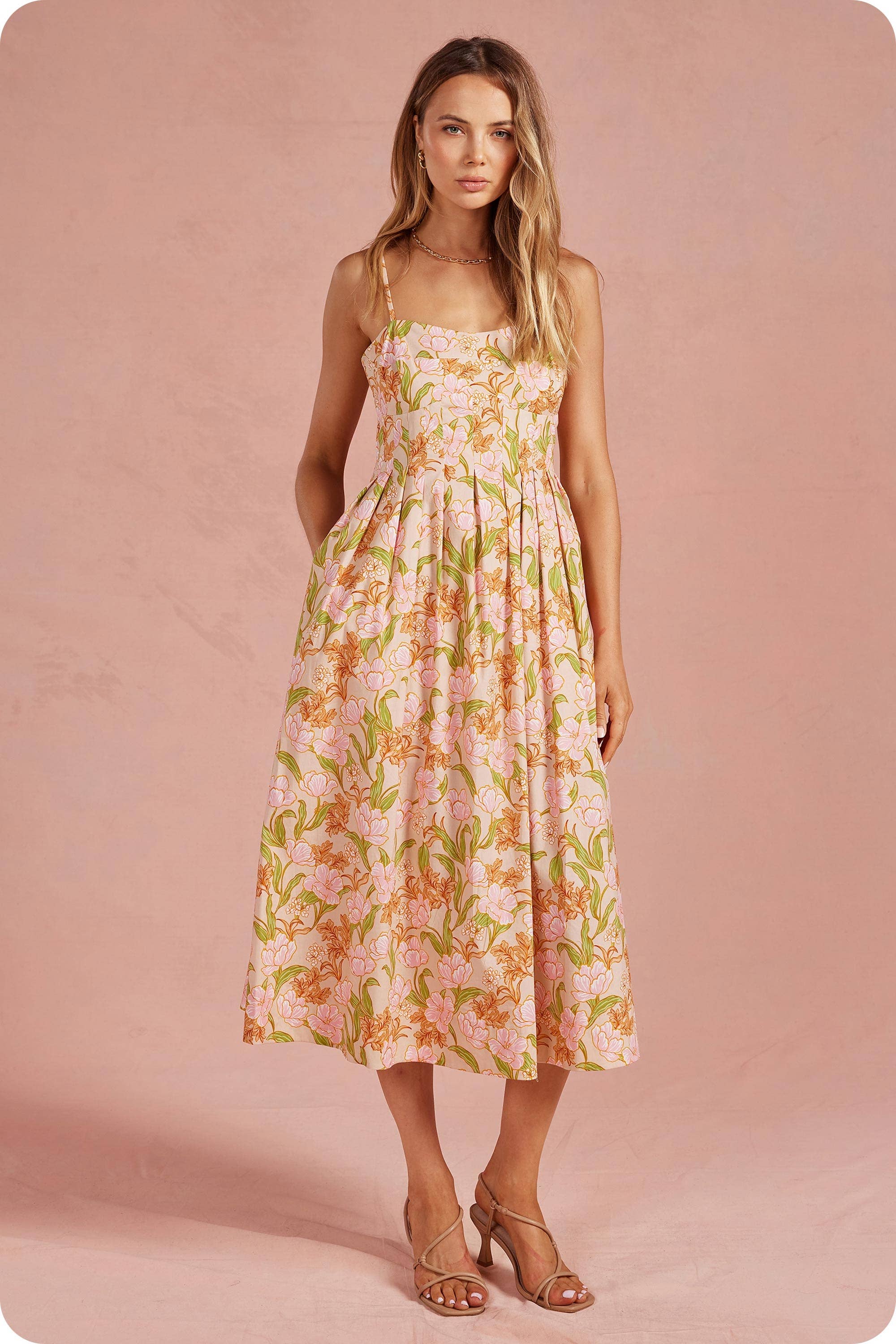 Bloom Meadow Sleeveless Pleat Midi Dress