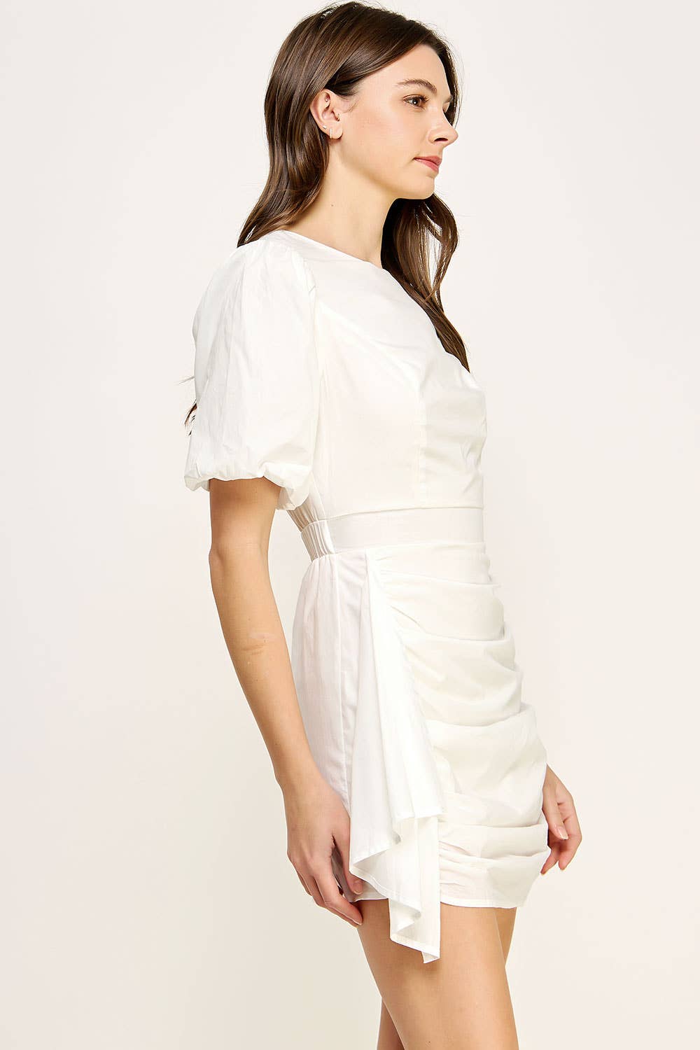 Ruched Short Puff Sleeve Voile Mini Dress. Rush