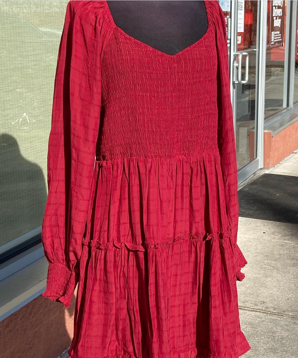 *Sale* Smocked Cranberry Long Sleeve Dress - Plus Size