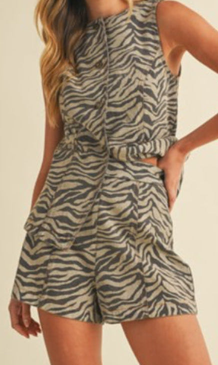 Zebra print denim vest and shorts