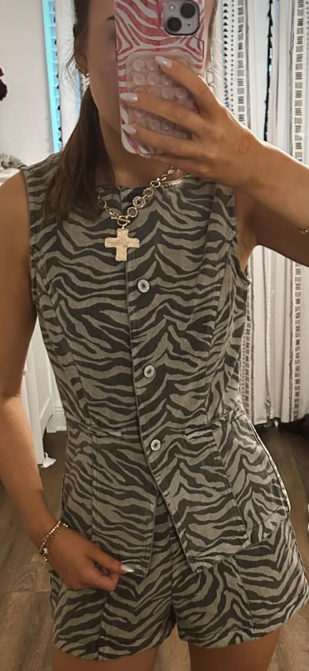 Zebra print denim vest and shorts