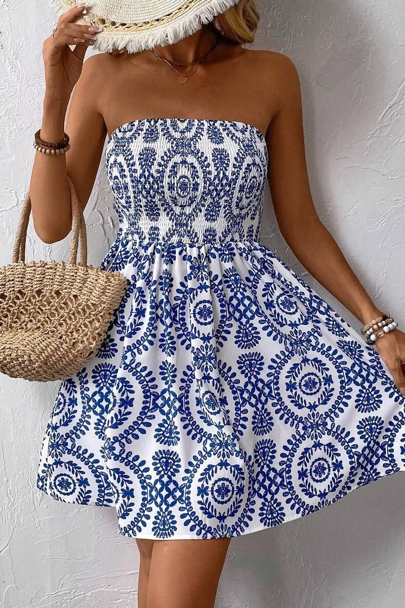 *SALE* BLUE PRINTED TUBE TOP DRESS: BLUE
