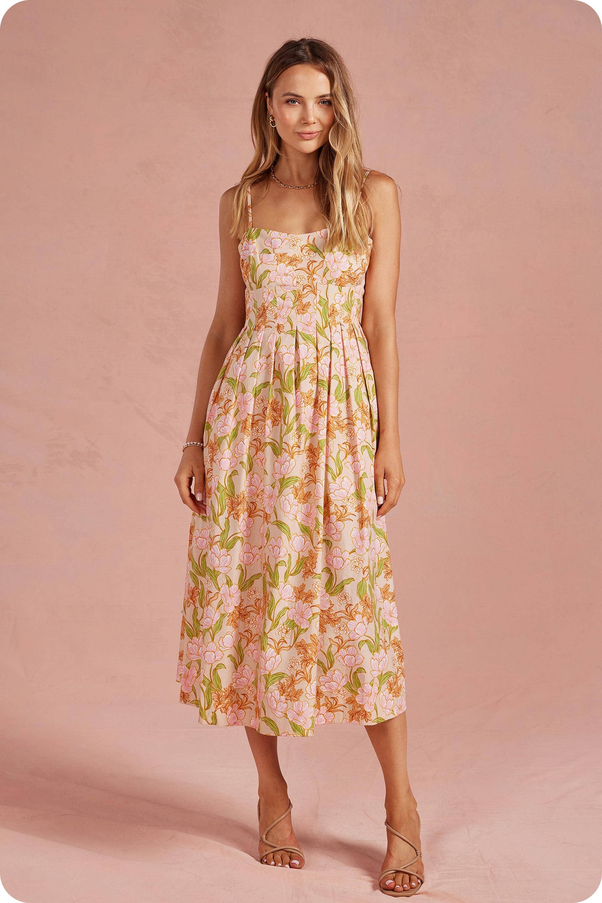 Bloom Meadow Sleeveless Pleat Midi Dress
