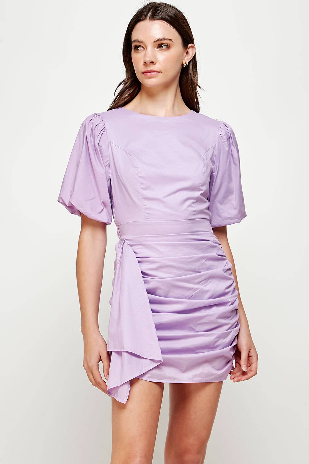 Ruched Short Puff Sleeve Voile Mini Dress. Rush