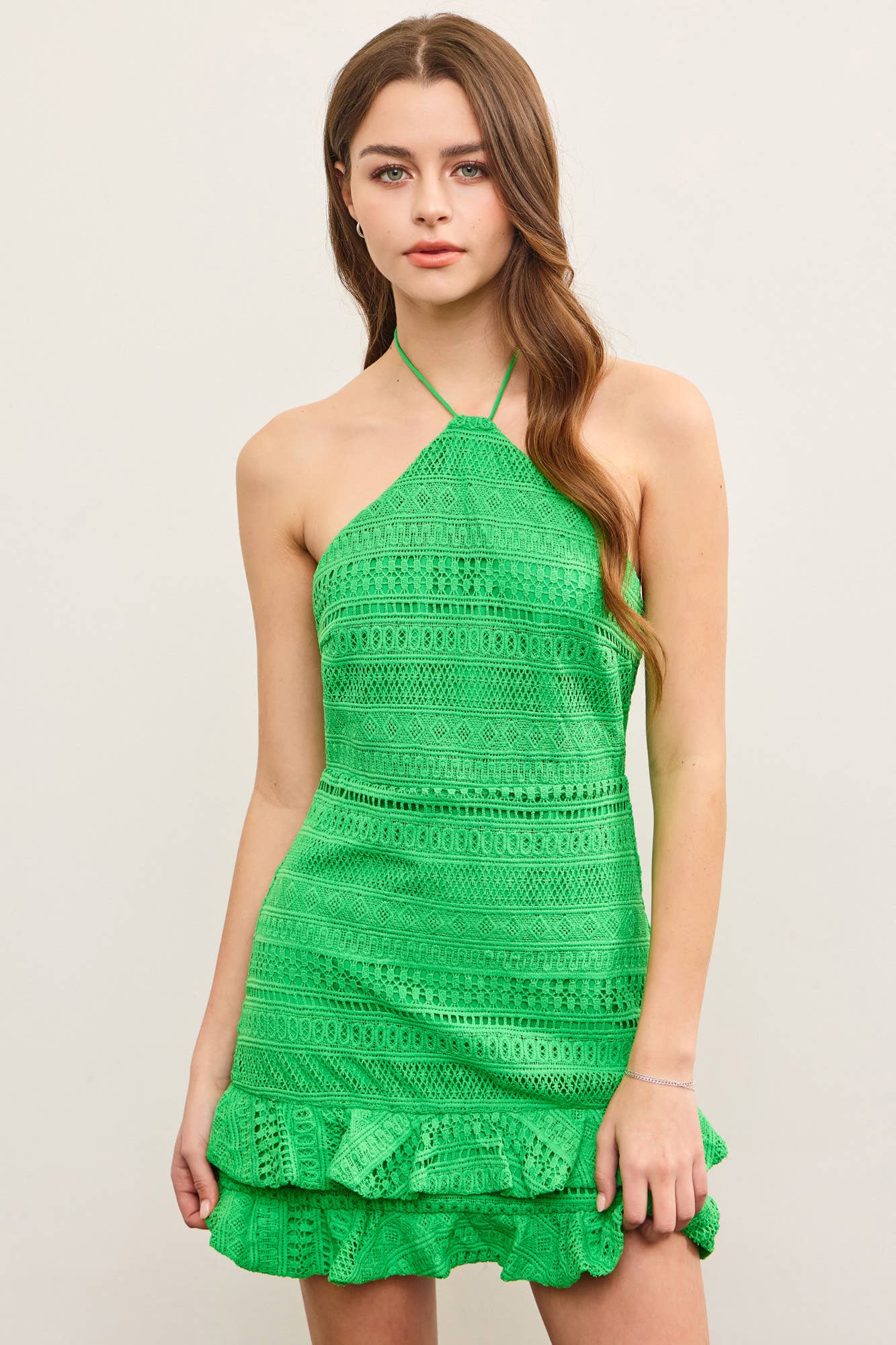 *Sale*RUFFLE TIERED CROCHET HALTER DRESS: KELLY GREEN