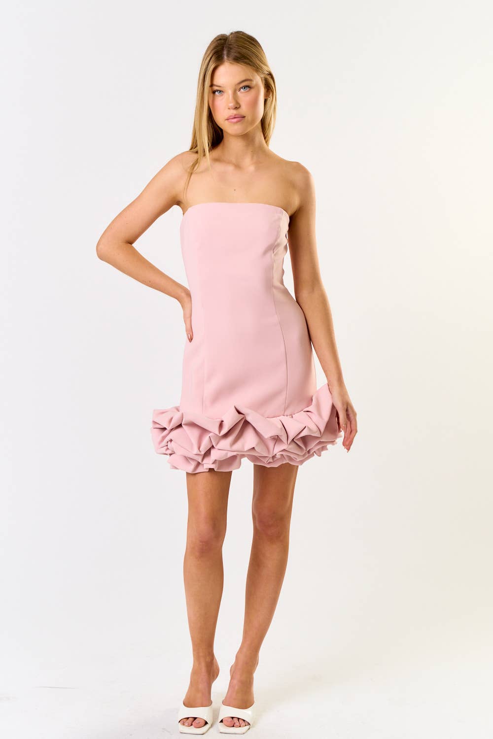 Puffy Ruffled Tube Mini Dress with Lining Short Ins: Pink / L