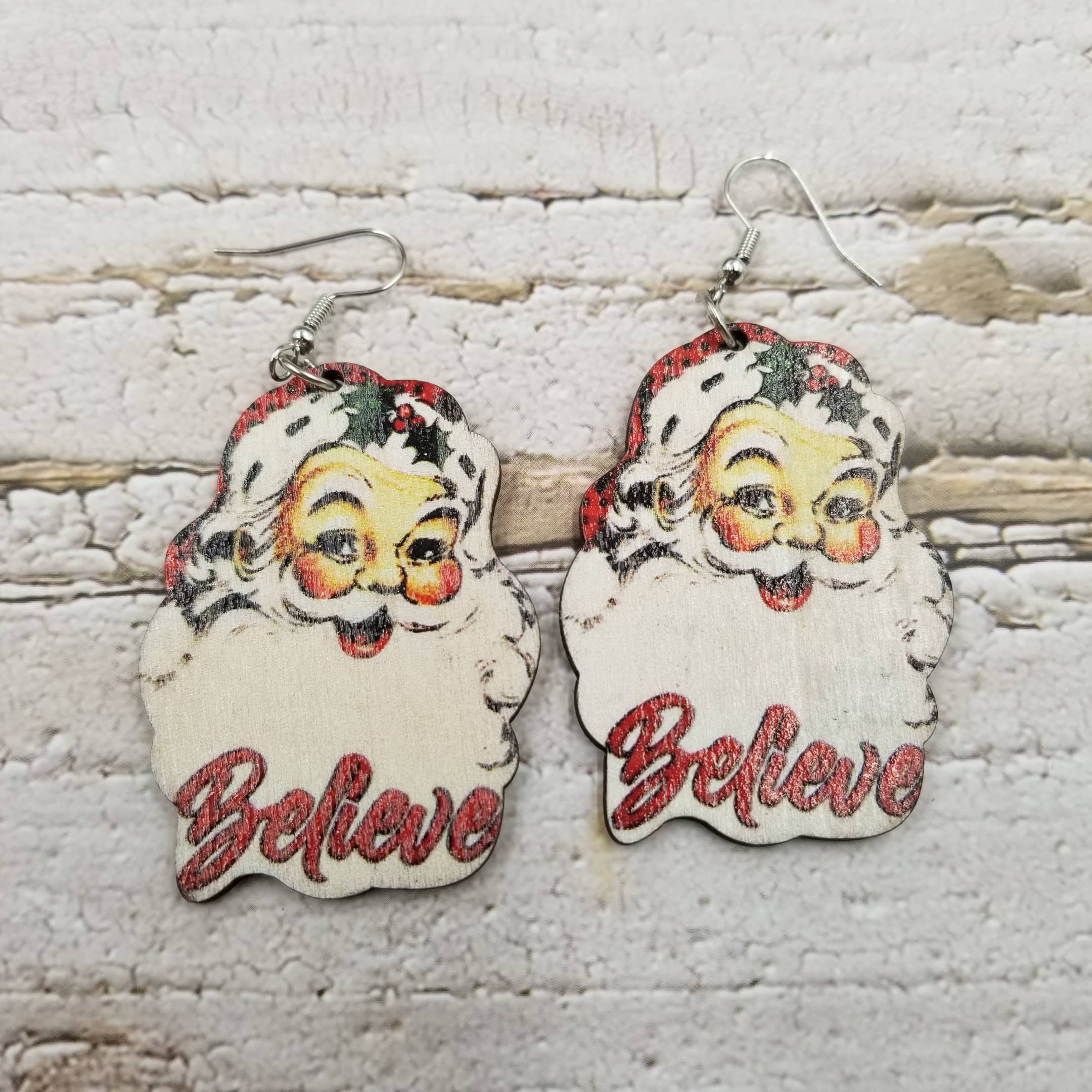 Wood Christmas Santa Earrings
