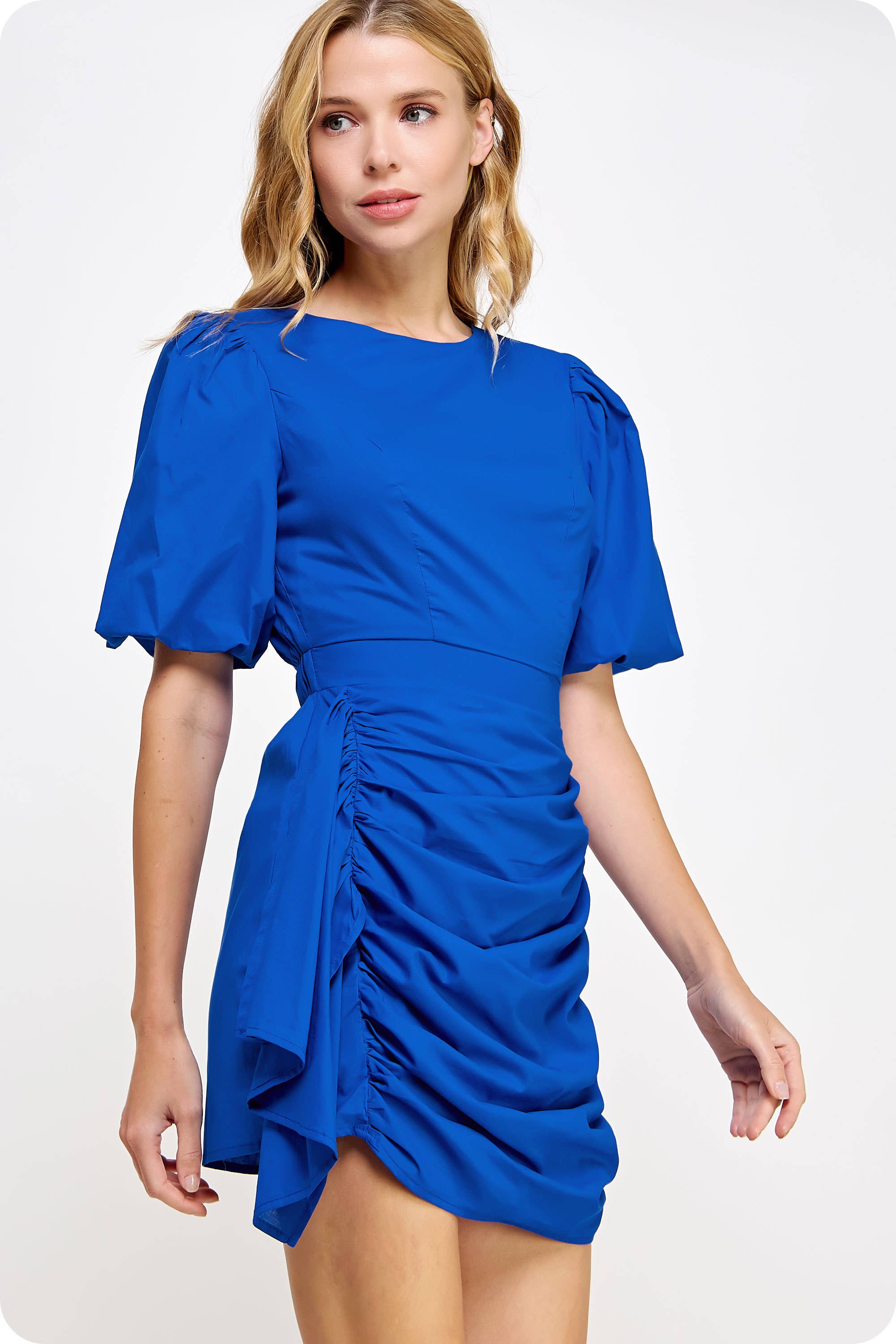 Ruched Short Puff Sleeve Voile Mini Dress. Rush