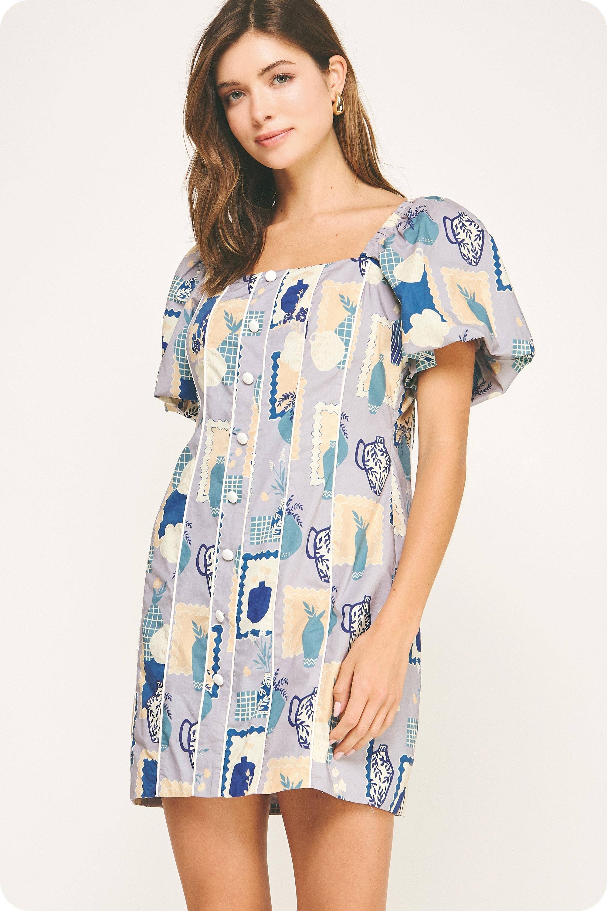 Piping Contrast Vase Print Mini Dress. Rush