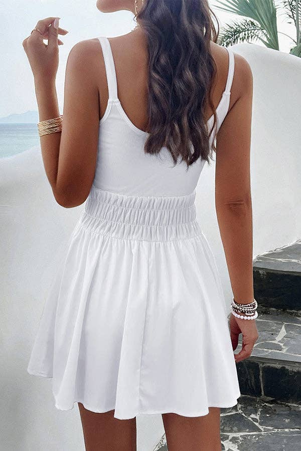 Solid Smocked Sleeveless Mini Dress: S / White