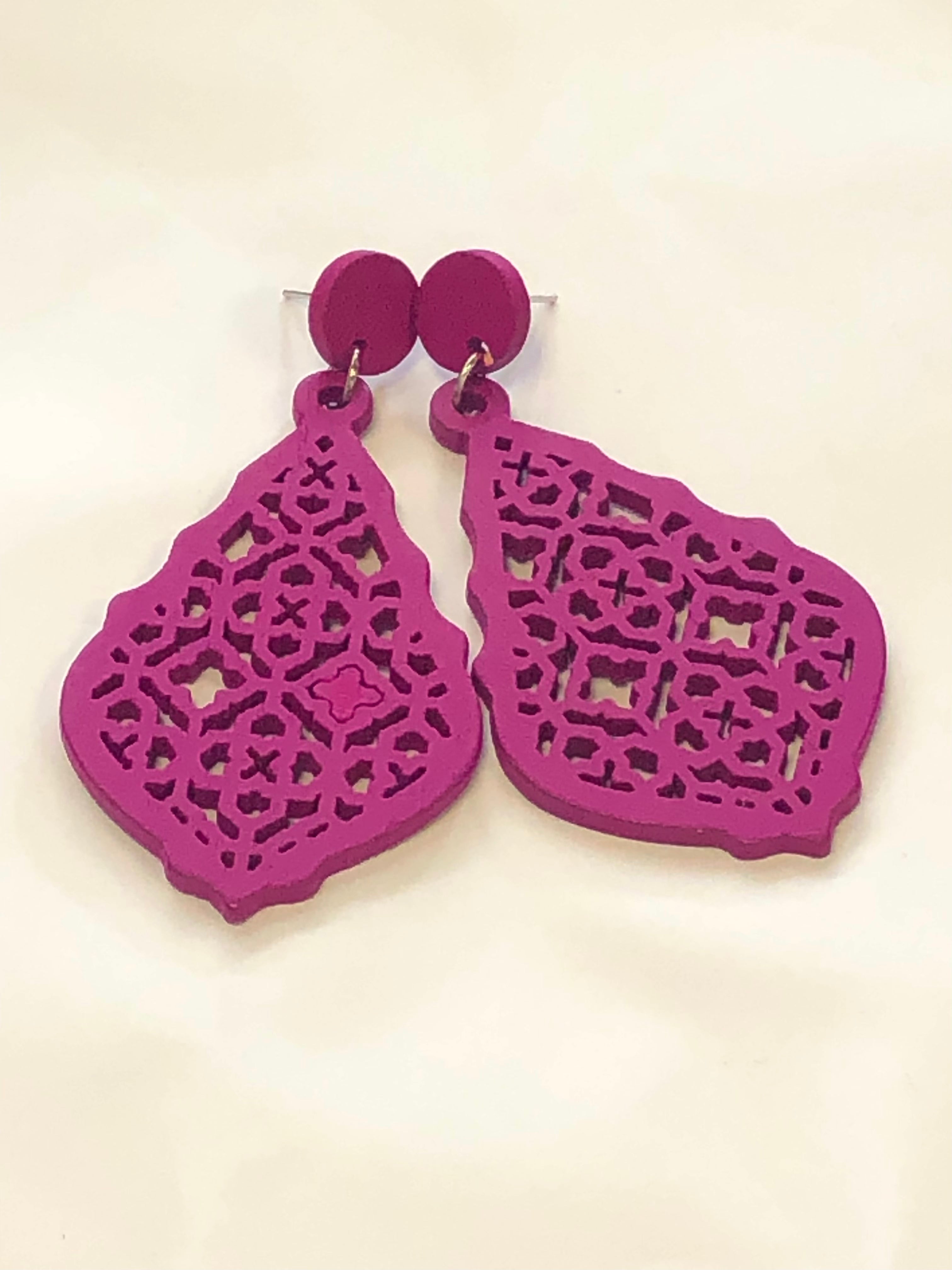 Yellow and Purple Wooden Laser Etched Lattice Teardrop Earrings