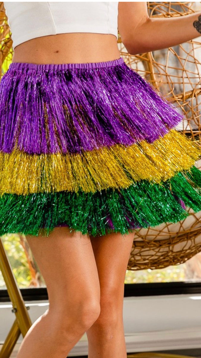 Mardi Gras Sequin Band Flapper Skirt with Fringe