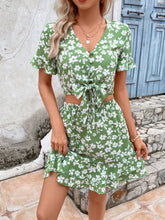 Load image into Gallery viewer, Tied Printed V-Neck Flounce Sleeve Mini Dress