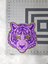 Load image into Gallery viewer, Purple Tiger Mascot Star Eyes Large Chenille Iron-on Patch