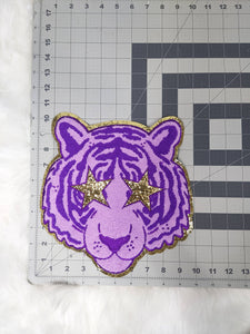 Purple Tiger Mascot Star Eyes Large Chenille Iron-on Patch