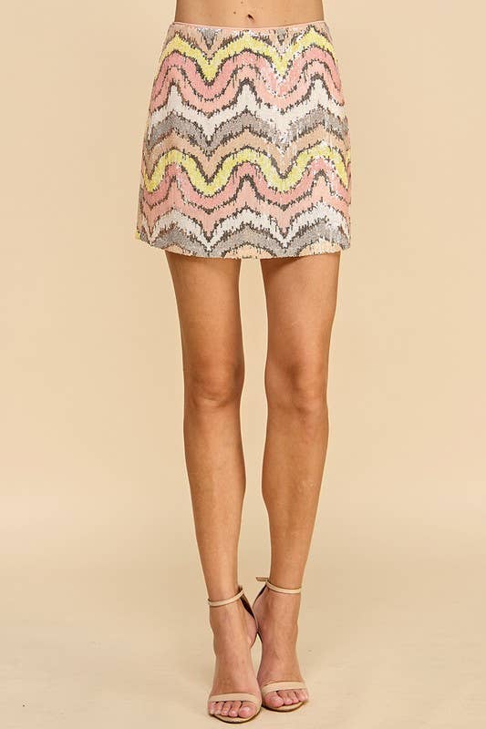 CS3708-Multi Color Sequin Skirt: Pink / S