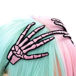 Embroidered Skeleton Hand Headband: Pink