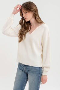 SPLIT NECK DROP SHOULDER KNIT PULLOVER SWEATER: OATMEAL