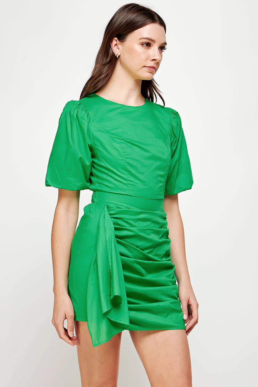 Ruched Short Puff Sleeve Voile Mini Dress. Rush