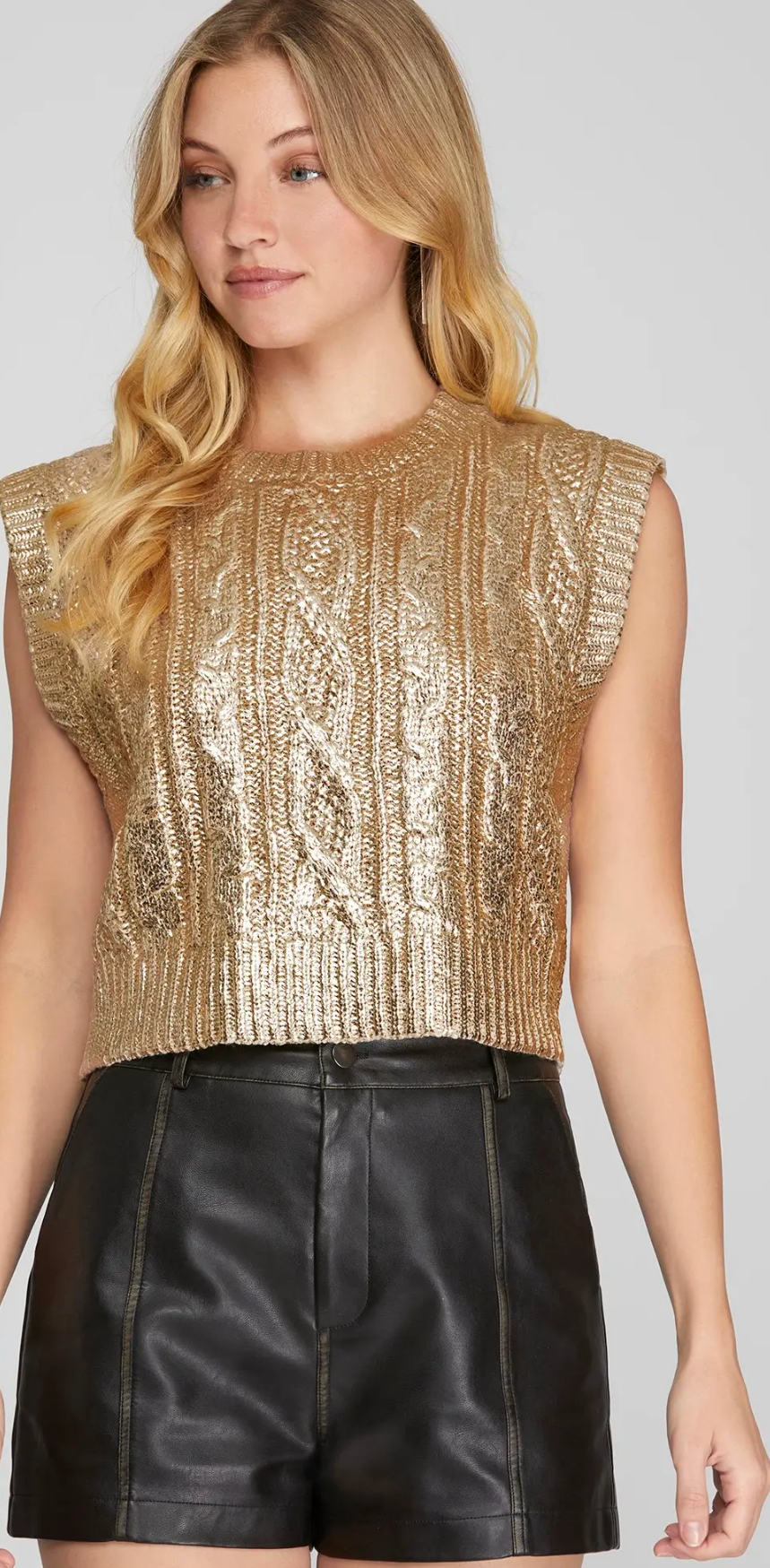 *SALE* SLEEVELESS CABLE KNIT METALLIC CROPPED SWEATER