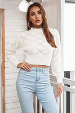 Load image into Gallery viewer, Openwork Plaid Round Neck Cropped Sweater