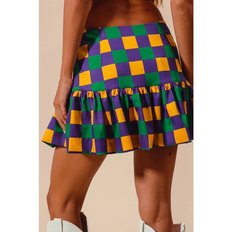 MARDI GRAS COLOR CHECKER MINI BALLOON SKIRT: PURPLE/MUSTARD/GREEN