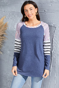 Striped Round Neck Raglan Sleeve T-Shirt