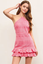 Load image into Gallery viewer, RUFFLE TIERED CROCHET HALTER DRESS: DOLL PINK / M
