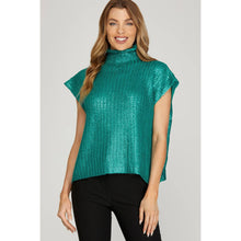 Load image into Gallery viewer, Metallic Foil Short Sleeve Sweater Top: GREEN