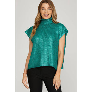 Metallic Foil Short Sleeve Sweater Top: GREEN